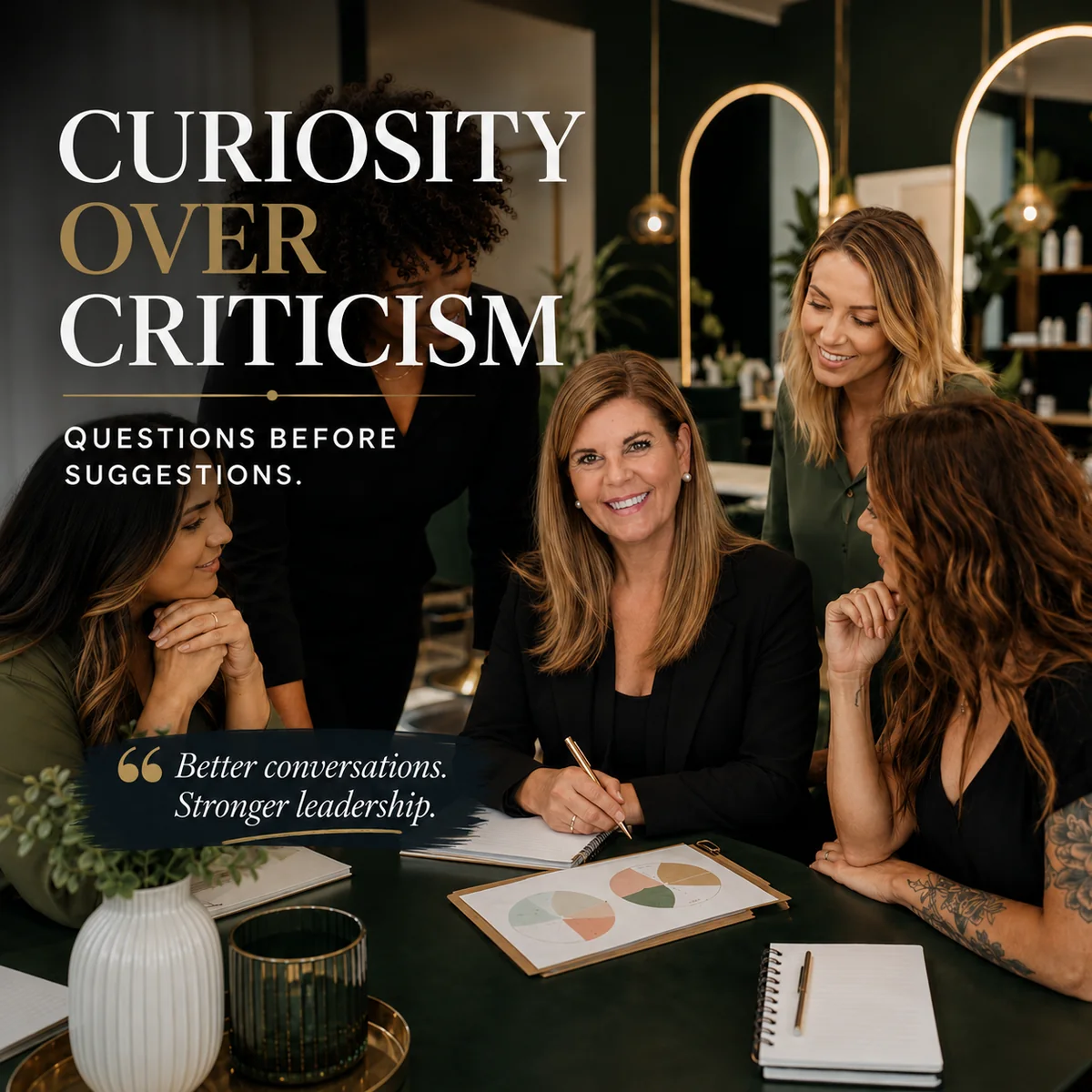 Carole Mendoza leading a discussion with a team around a table, headed Curiosity Over Criticism