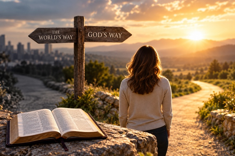 A woman stands where a path forks under a signpost reading The World&rsquo;s Way and God&rsquo;s Way, with an open Bible on a stone wall at sunset