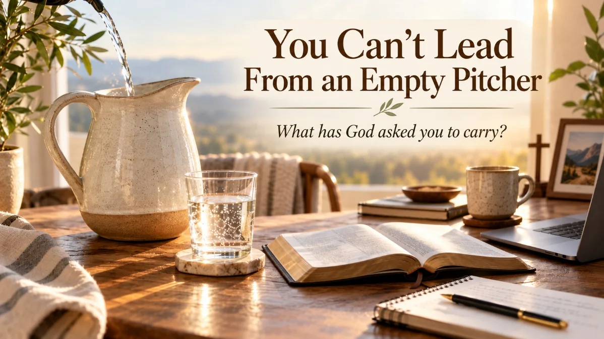 A pitcher pouring water beside an open Bible and a notebook, headed You Can&rsquo;t Lead From an Empty Pitcher
